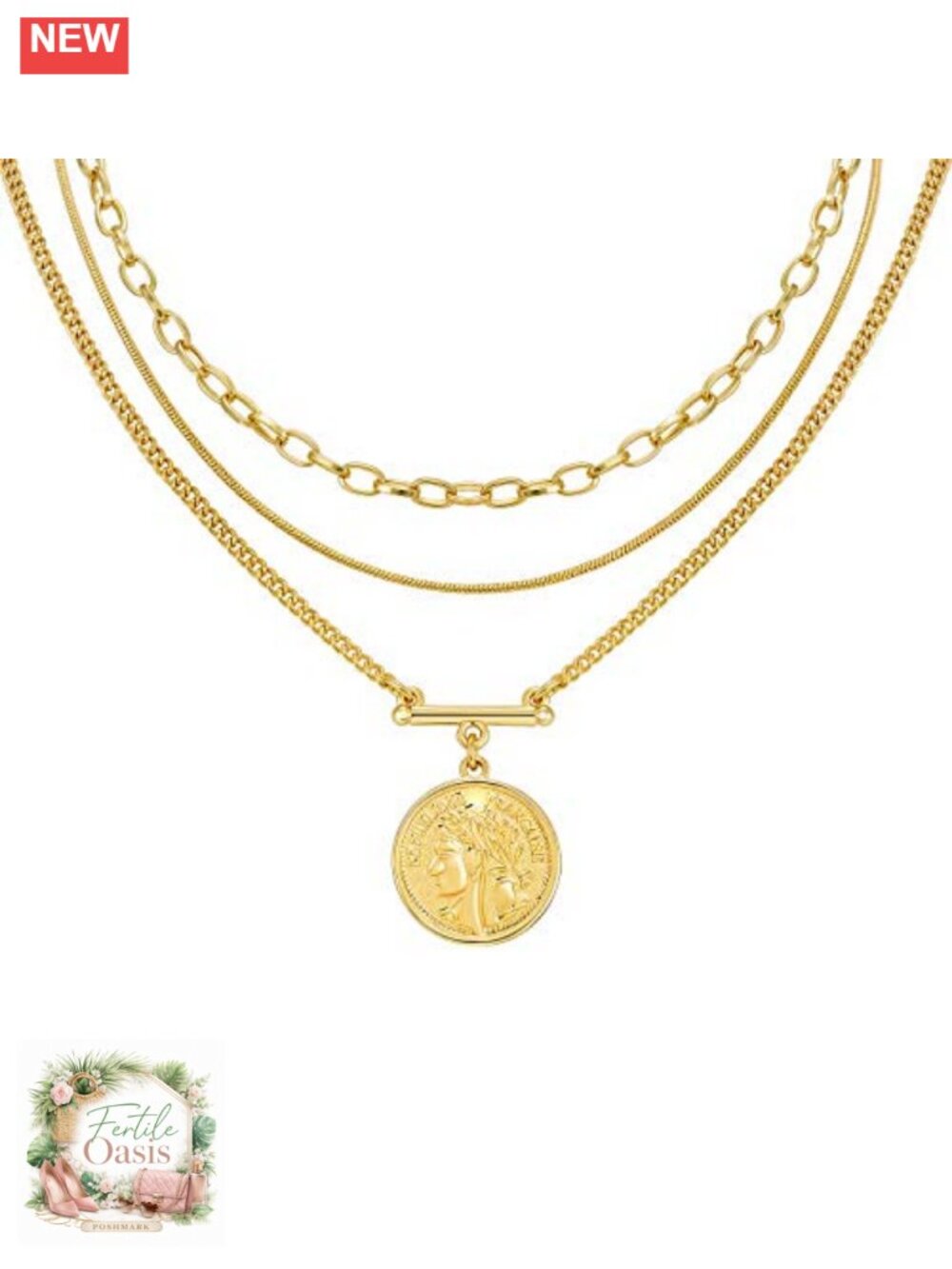 Gold Plated Layered Necklace with Coin Pendant Choker for Women